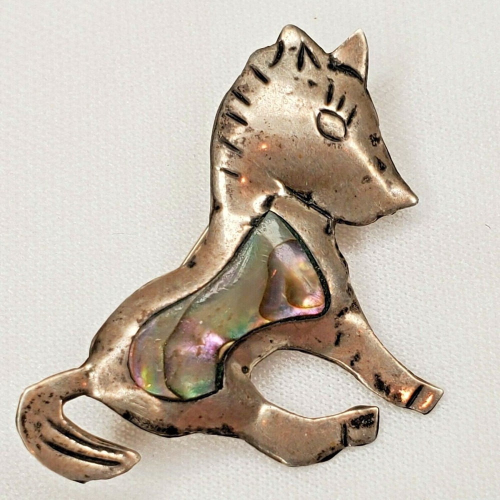 Vintage Sterling Silver Taxco Handmade Abalone Inlay Cute Sitting Donkey‎ Brooch
